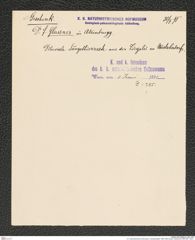 k.k. naturhistorisches Hofmuseum, Intendanzakten 1885-1896 (Hauer), Aktenzahl Z.385/1891, Seite 1